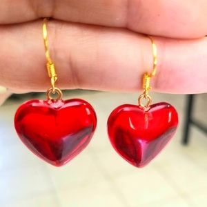 14k Gold Heart Earrings Red Heart Earrings Glass Heart Dangle Earrings Gift